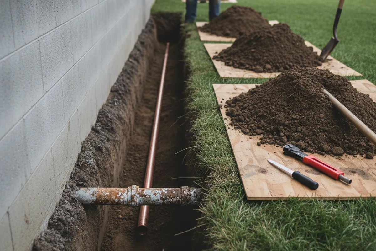 Excavated water line trench during Water Softener Installation in Hiawassee